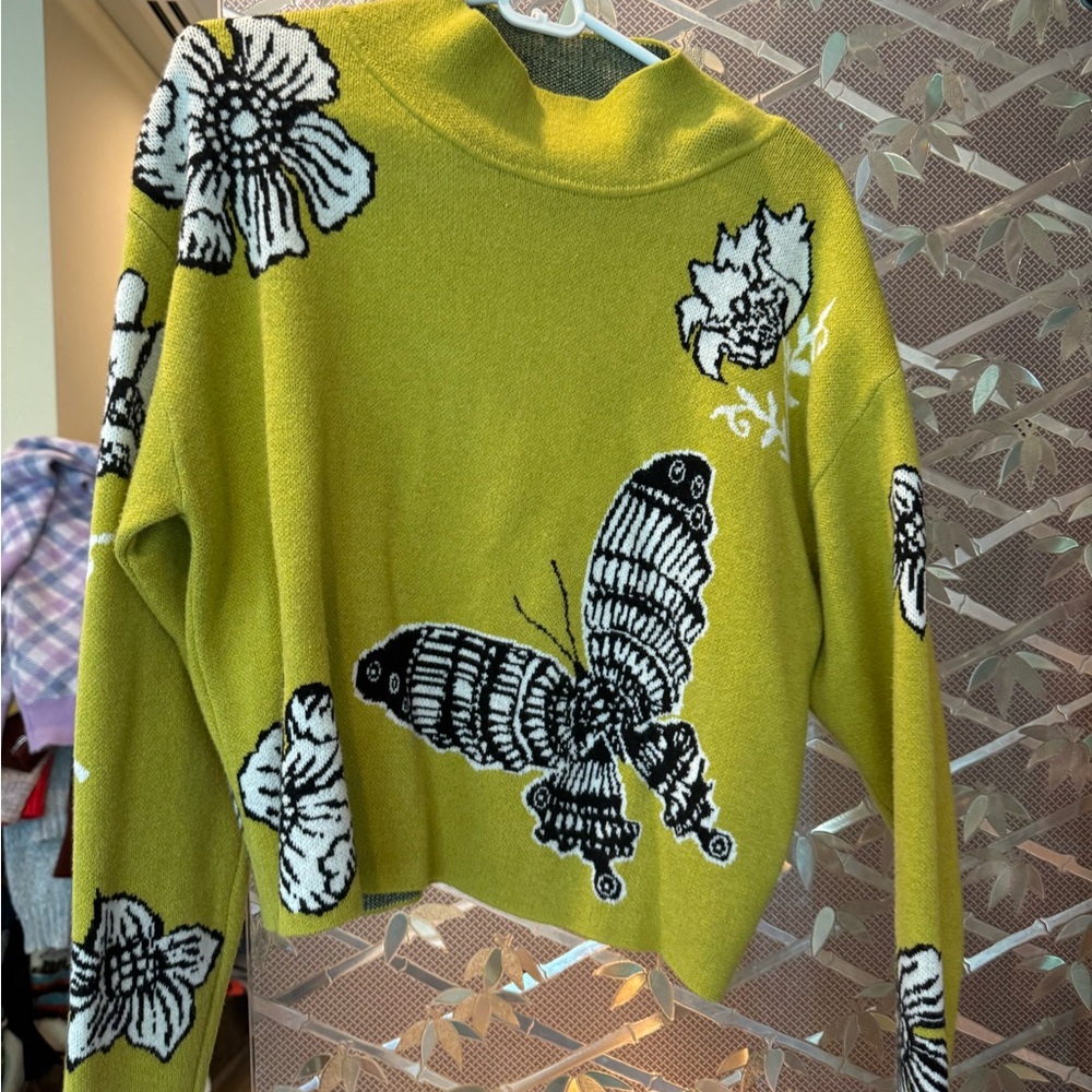 Green Cowl Neck Sweater with Black Butterfly Appliqués